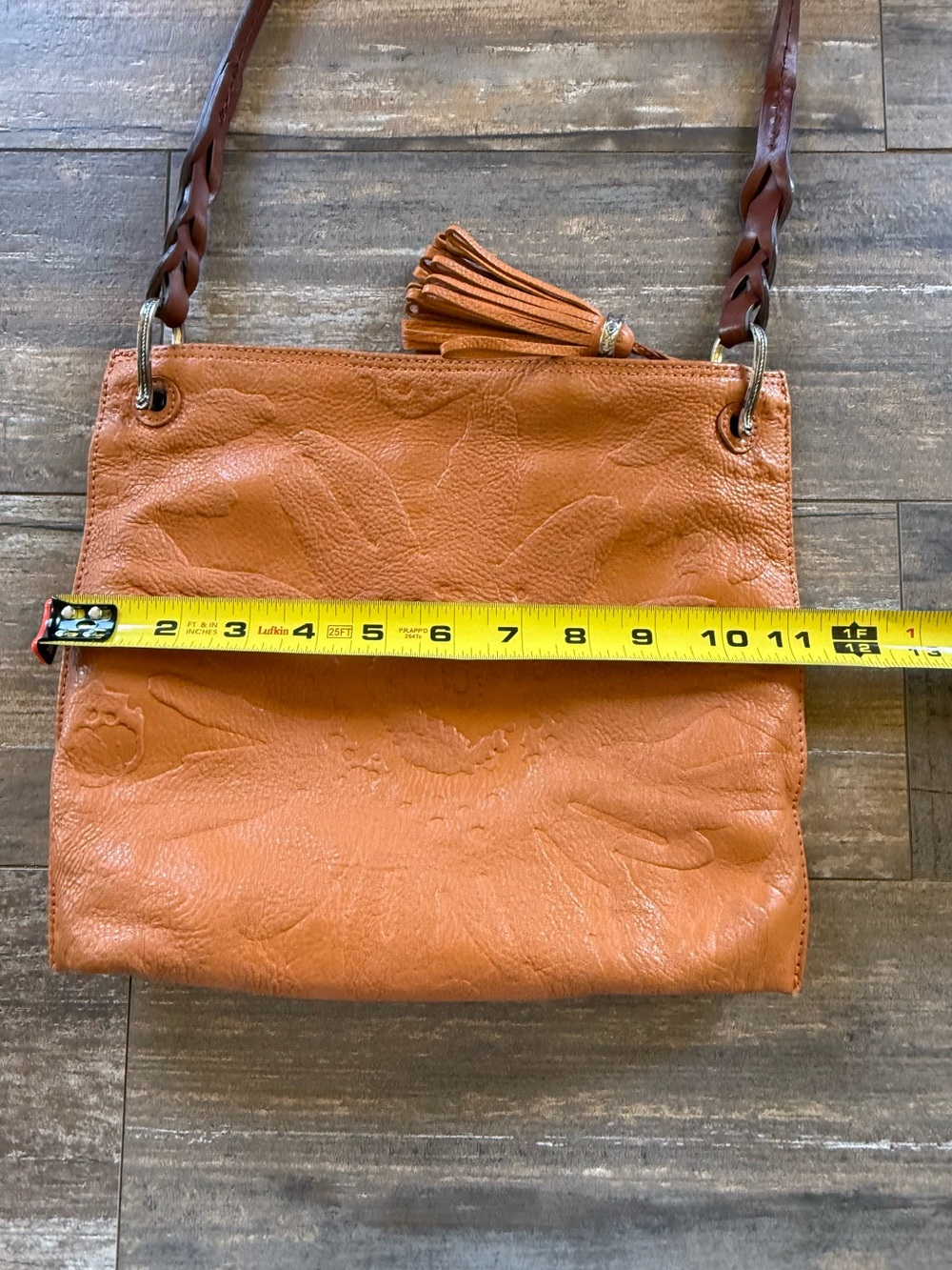 Brighton Piper Slim Embossed Leather Shoulder Purse Bag w Tassel, Orange and Tan - Picture 10 of 13